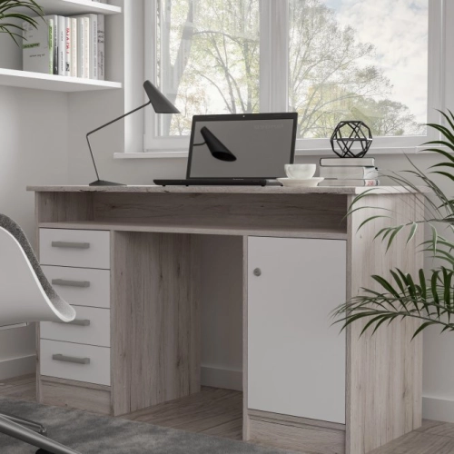 Biurko 125x55 cm z 4 szufladami i zamykaną szafką na klucz Biały/Dąb Piaskowy